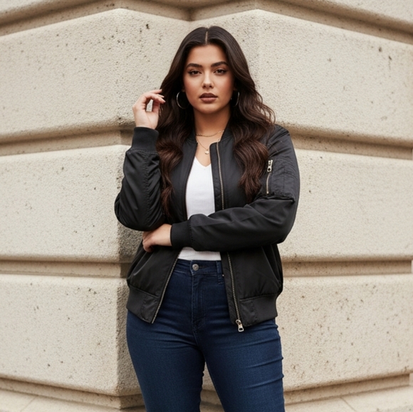 Women's Black Bomber Jacket with Orange Lining - Picture 9 of 14